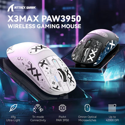 ATTACK SHARK X3 MAX Tri-Mode Wireless Gaming Mouse PAW3950 Lightweight - BLACK | WHITE