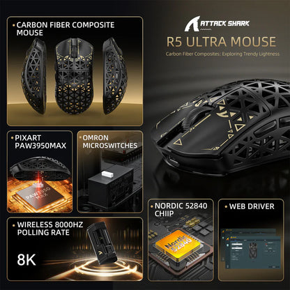 ATTACK SHARK R5 Ultra Carbon Fiber Wireless 8K PAW3950MAX Gaming Mouse with 8K Coiled Cable - BLACK | WHITE